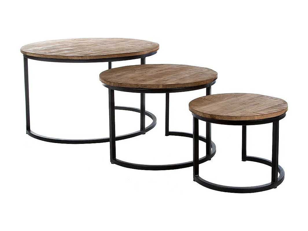Dreisatz Beistelltisch Industrial aus Mangobaum Massivholz Metall (dreiteilig)