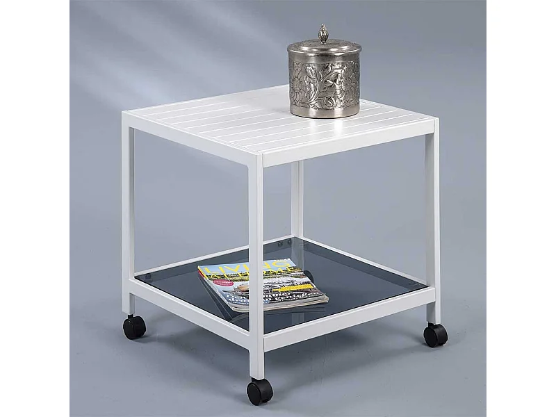 Rollbarer Beistelltisch in Weiß mit Glasablage