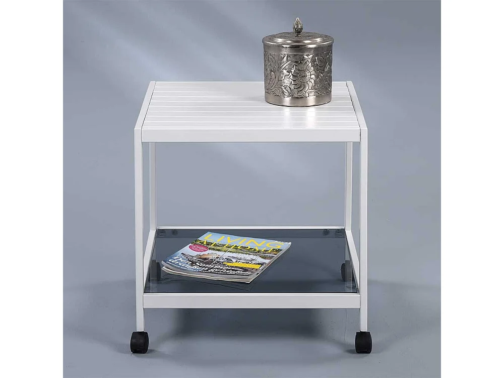 Rollbarer Beistelltisch in Weiß mit Glasablage