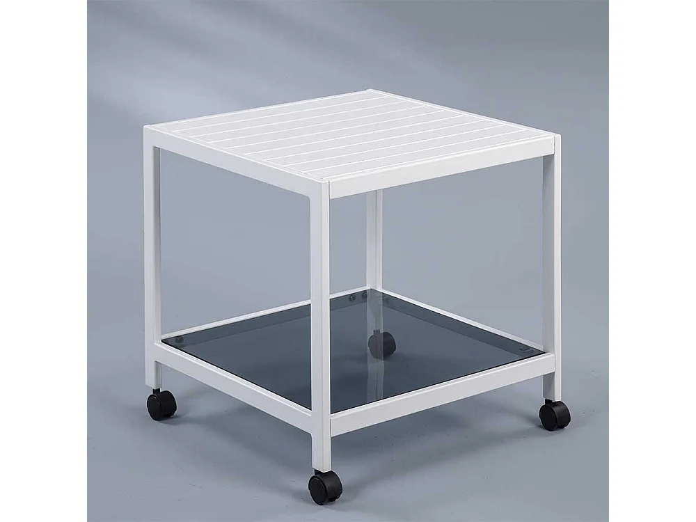 Rollbarer Beistelltisch in Weiß mit Glasablage