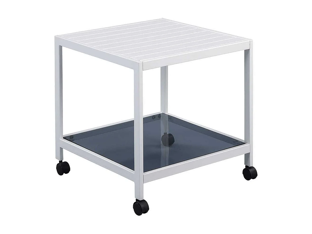 Rollbarer Beistelltisch in Weiß mit Glasablage