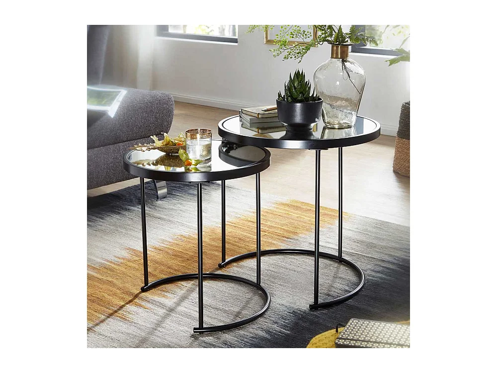 Beistelltisch Set in Schwarz runden Spiegelglas Platten (zweiteilig)