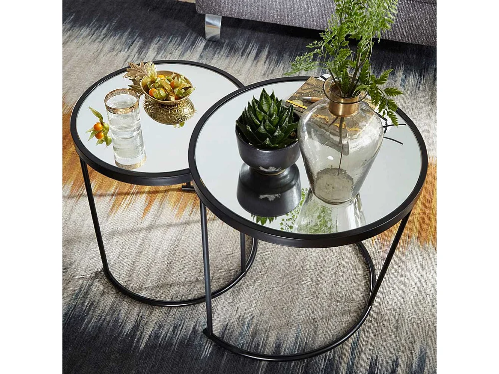 Beistelltisch Set in Schwarz runden Spiegelglas Platten (zweiteilig)