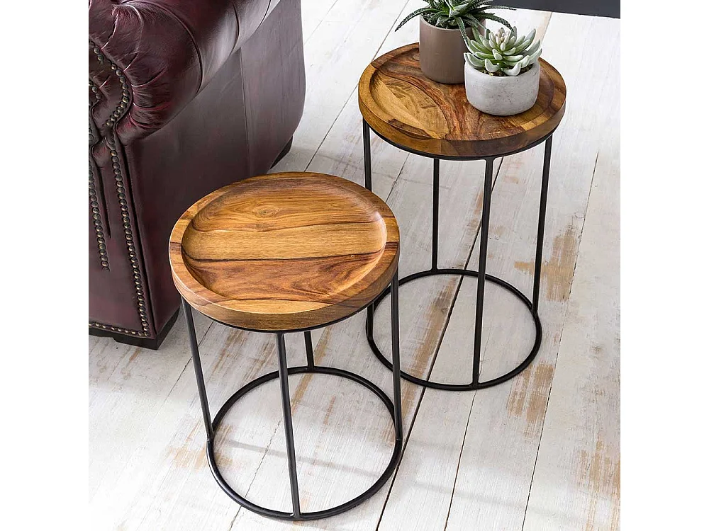 Beistelltischchen aus Sheesham Massivholz und Eisen rund (zweiteilig)