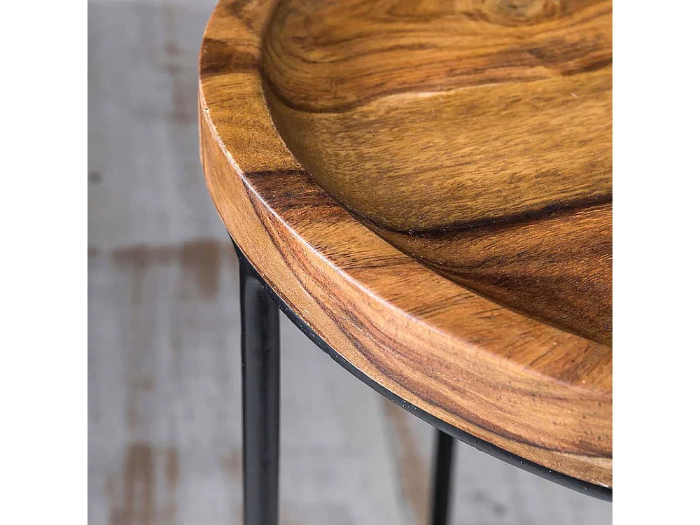 Beistelltischchen aus Sheesham Massivholz und Eisen rund (zweiteilig)