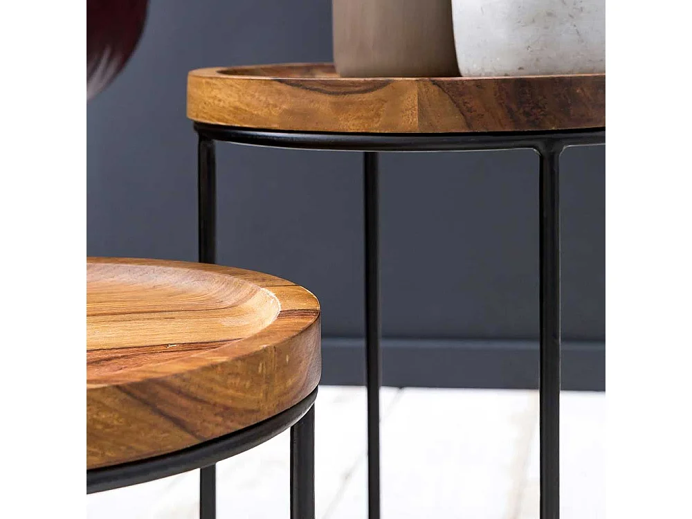 Beistelltischchen aus Sheesham Massivholz und Eisen rund (zweiteilig)