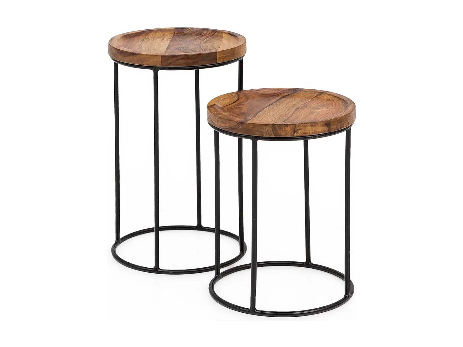 Beistelltischchen aus Sheesham Massivholz und Eisen rund (zweiteilig)