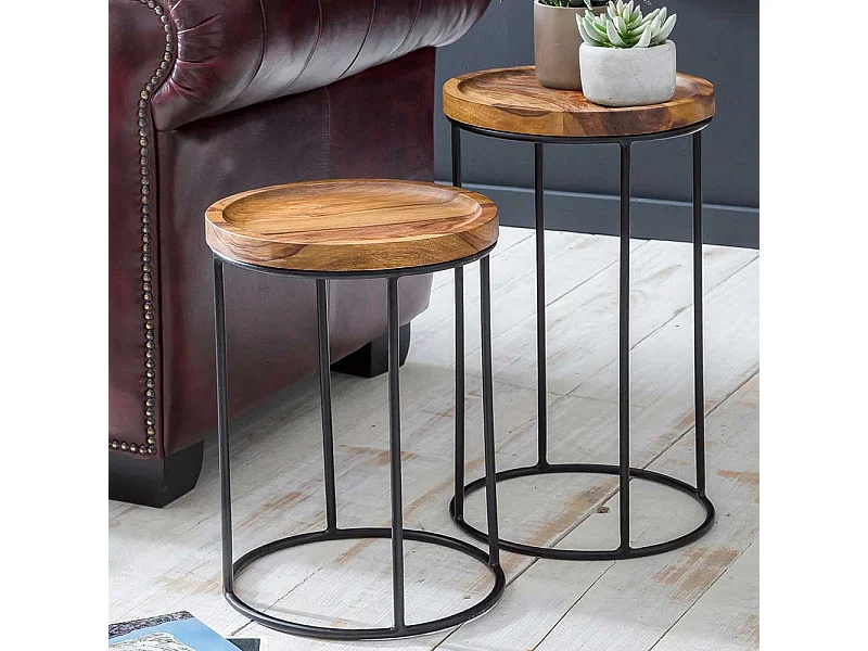 Beistelltischchen aus Sheesham Massivholz und Eisen rund (zweiteilig)