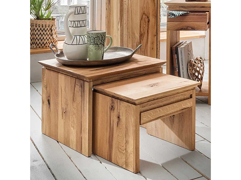 Beistelltisch Set aus Wildeiche Massivholz einer Schublade (zweiteilig)