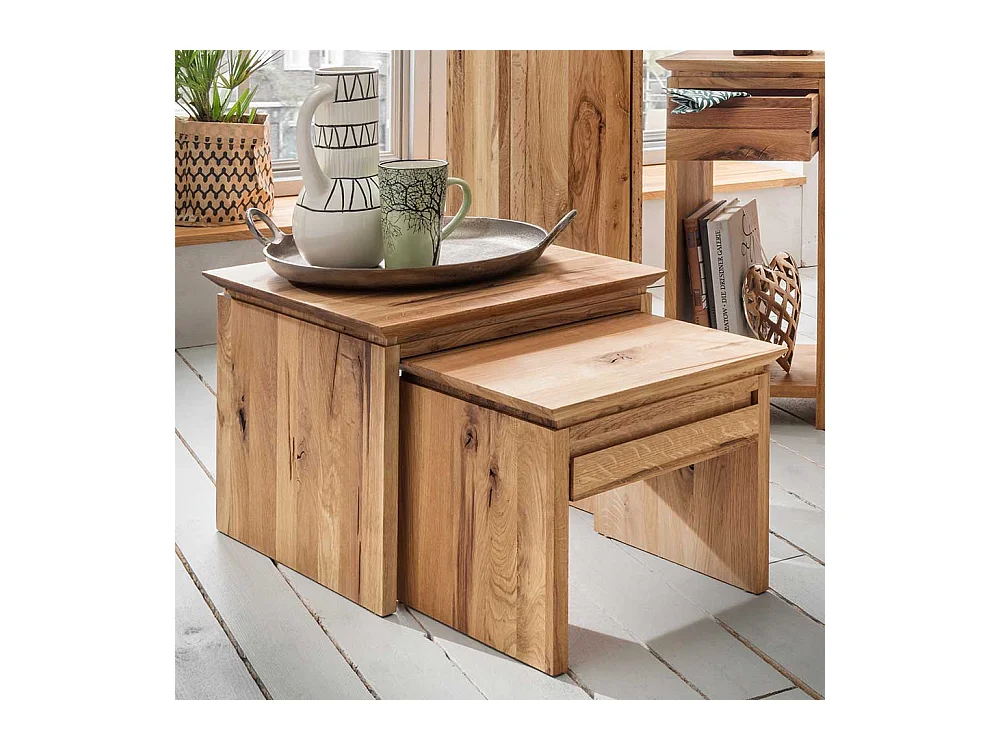Beistelltisch Set aus Wildeiche Massivholz einer Schublade (zweiteilig)