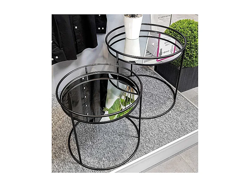 Spiegelglas Beistelltische mit Ringgestell Stahl (zweiteilig)