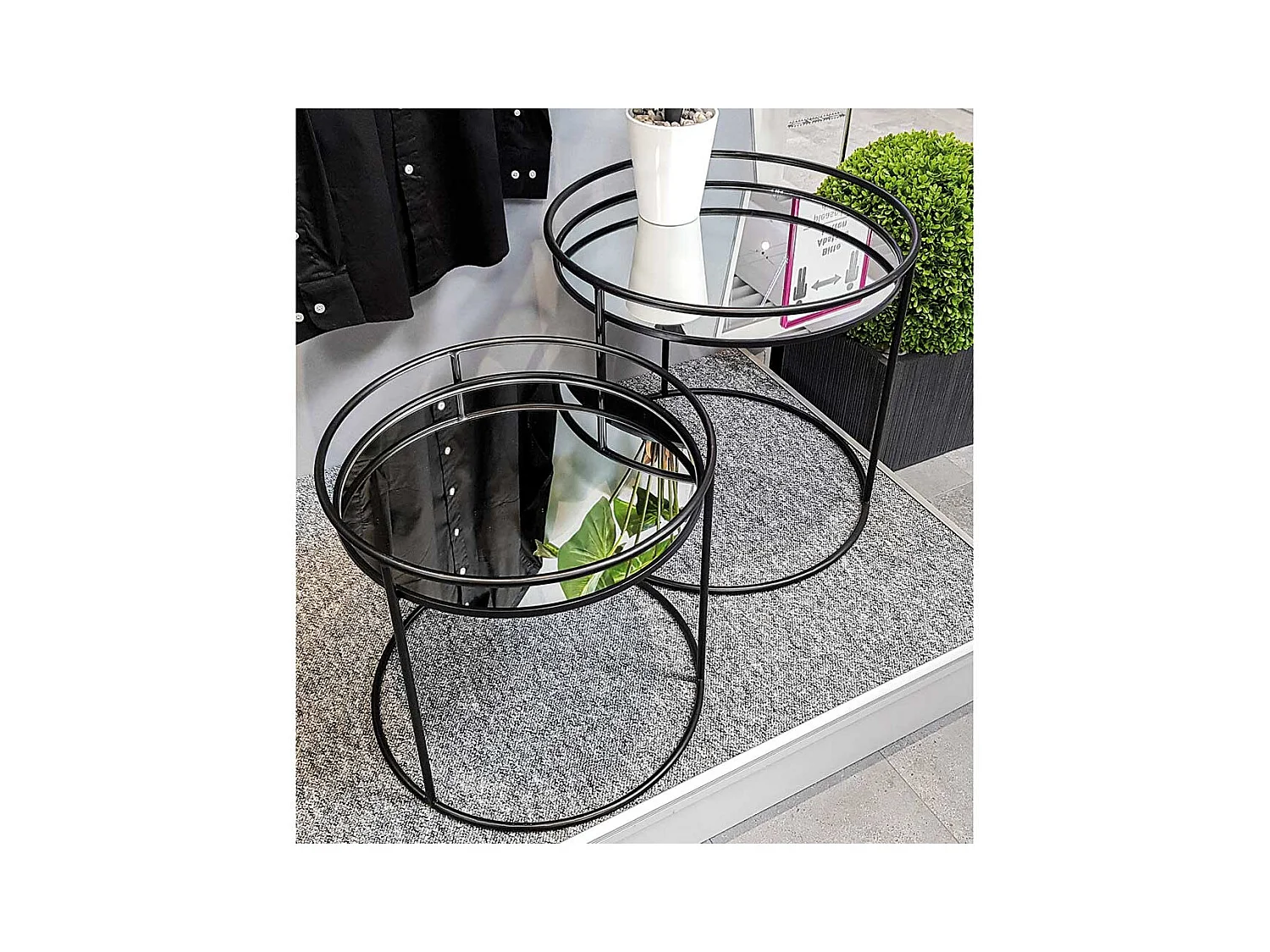 Spiegelglas Beistelltische mit Ringgestell Stahl (zweiteilig)