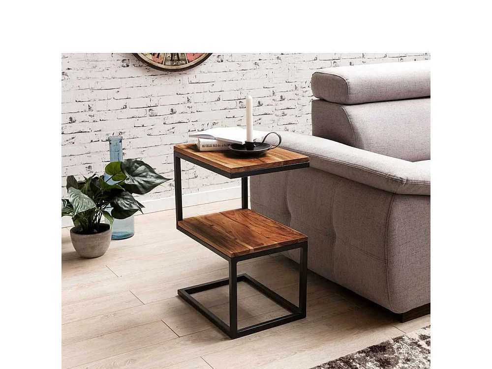 Design Beistelltisch aus Sheesham Massivholz Metall