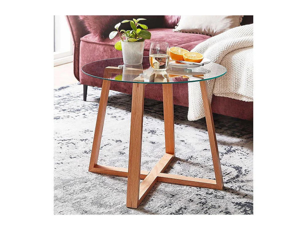 Sofa Beistelltisch aus Glas und massivem Eichenholz 58 cm Durchmesser