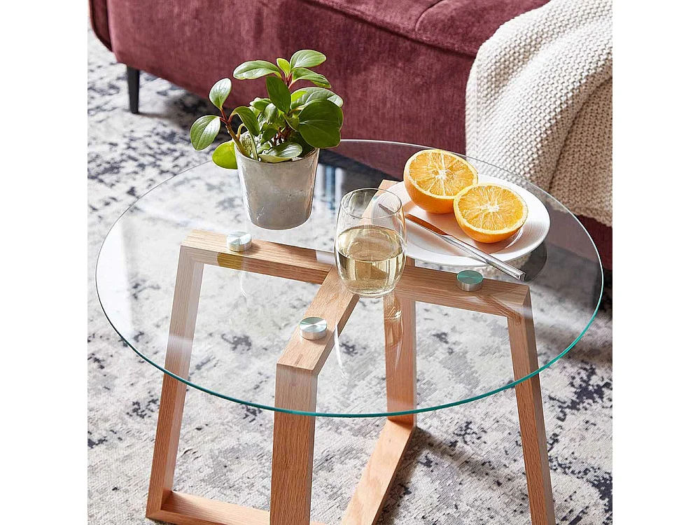 Sofa Beistelltisch aus Glas und massivem Eichenholz 58 cm Durchmesser