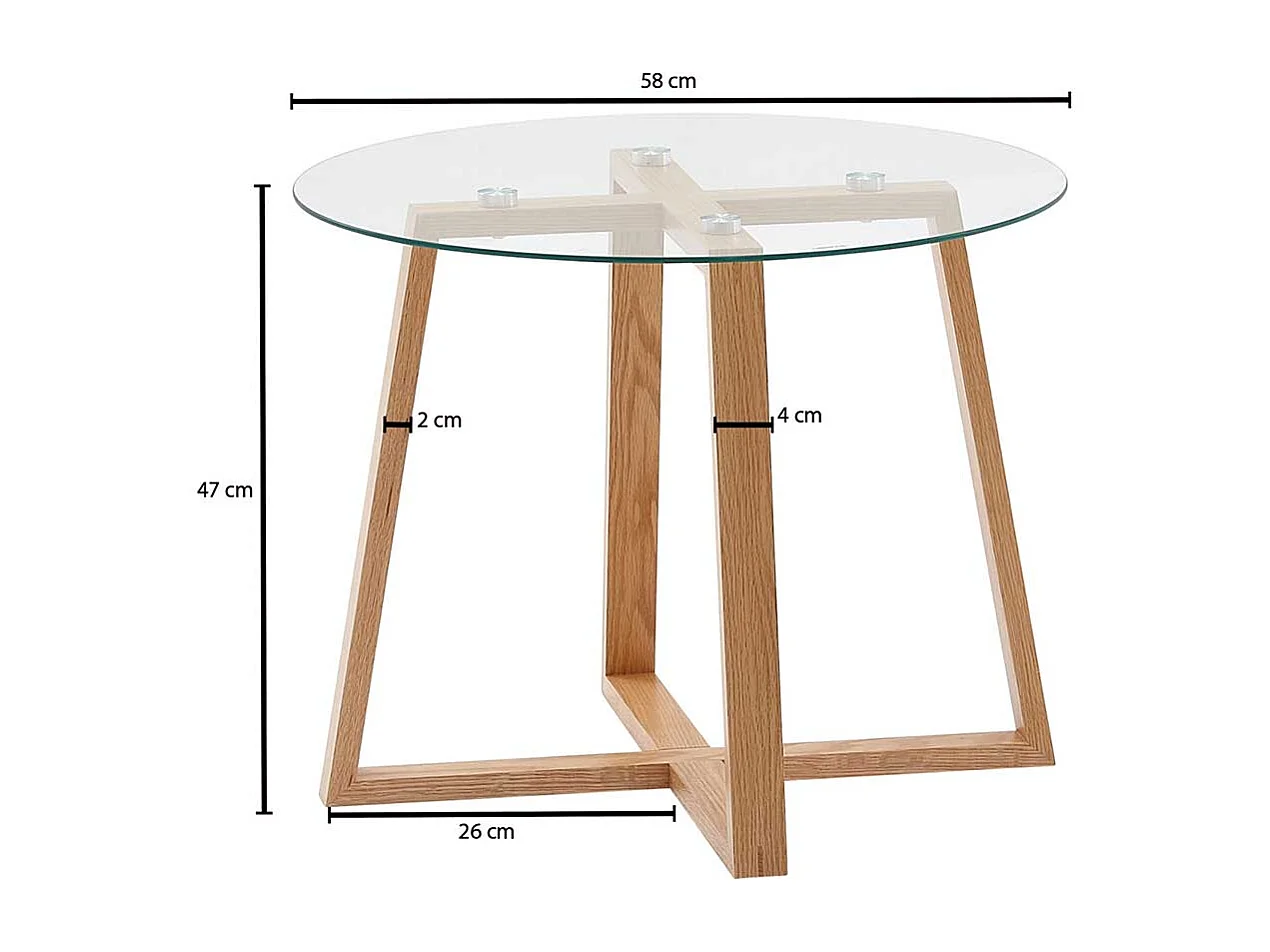 Sofa Beistelltisch aus Glas und massivem Eichenholz 58 cm Durchmesser