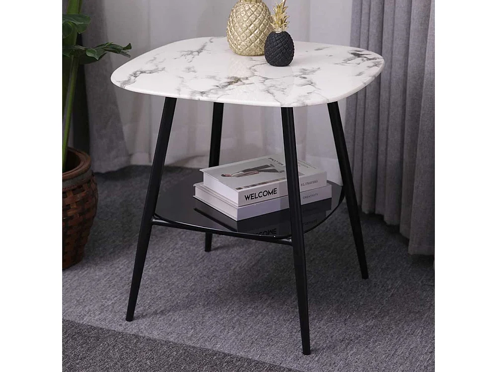 Retro Beistelltisch Glasplatten Marmoroptik und Schwarz