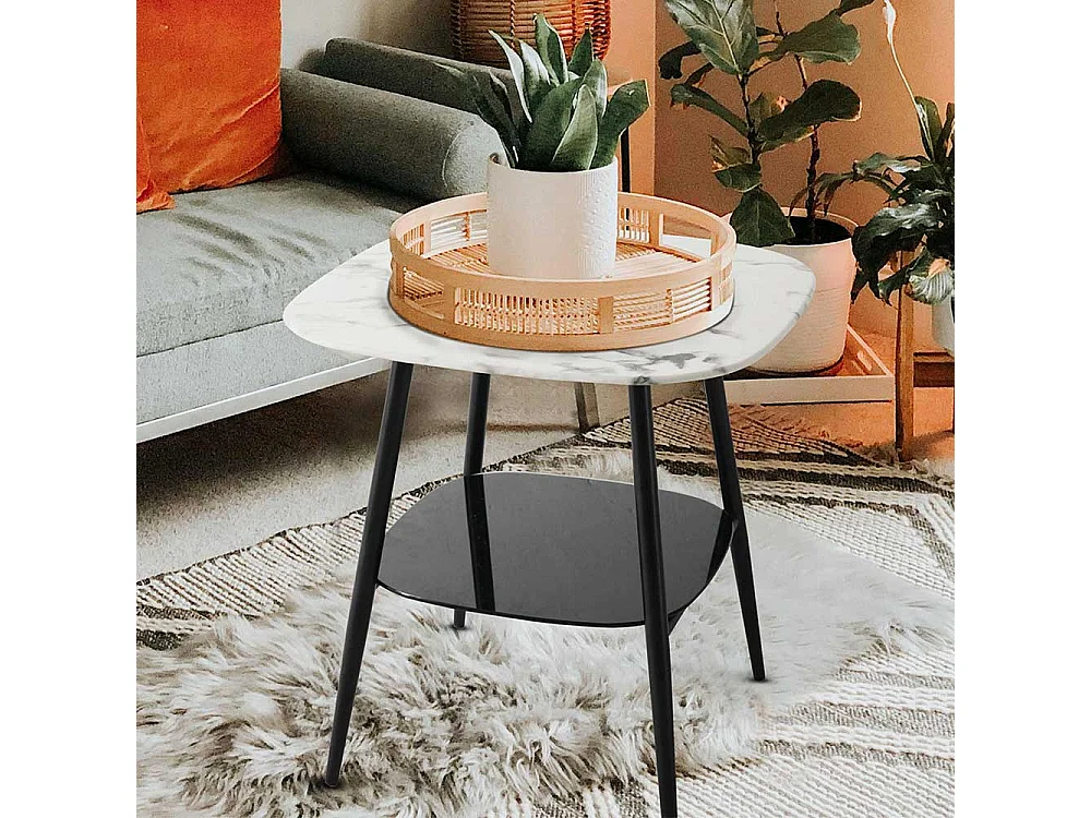 Retro Beistelltisch Glasplatten Marmoroptik und Schwarz