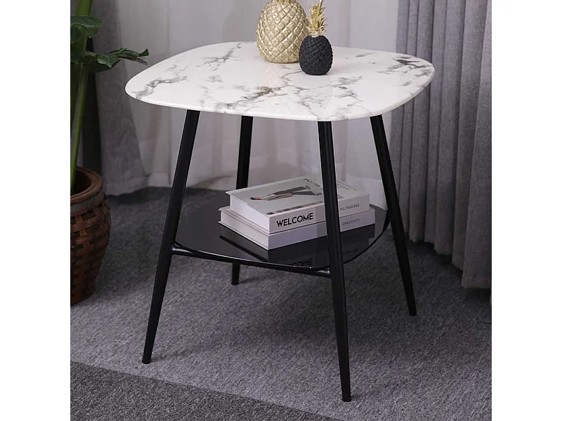Retro Beistelltisch Glasplatten Marmoroptik und Schwarz