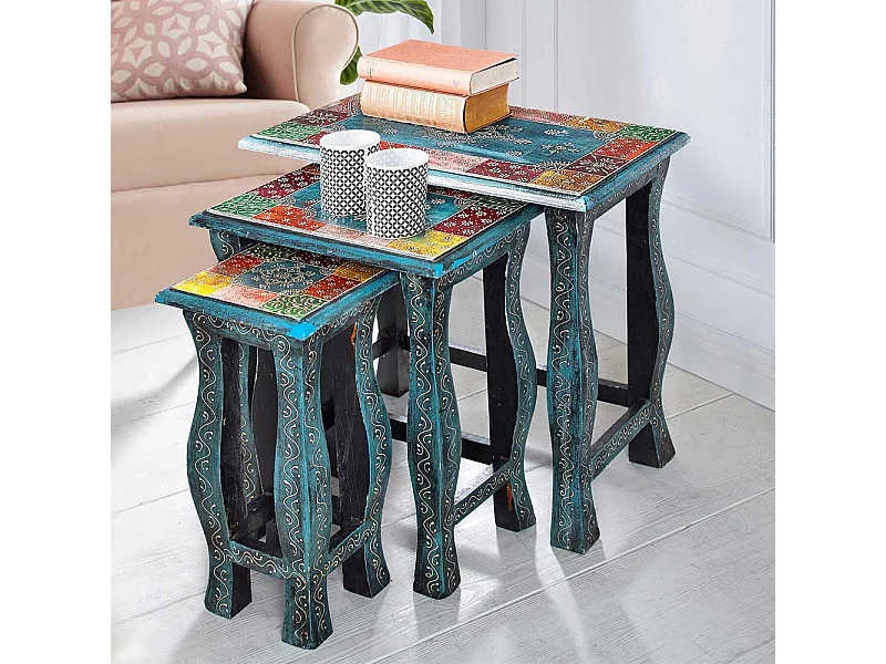 Beistelltisch Set in Blau und Bunt Shabby Chic Design (dreiteilig)