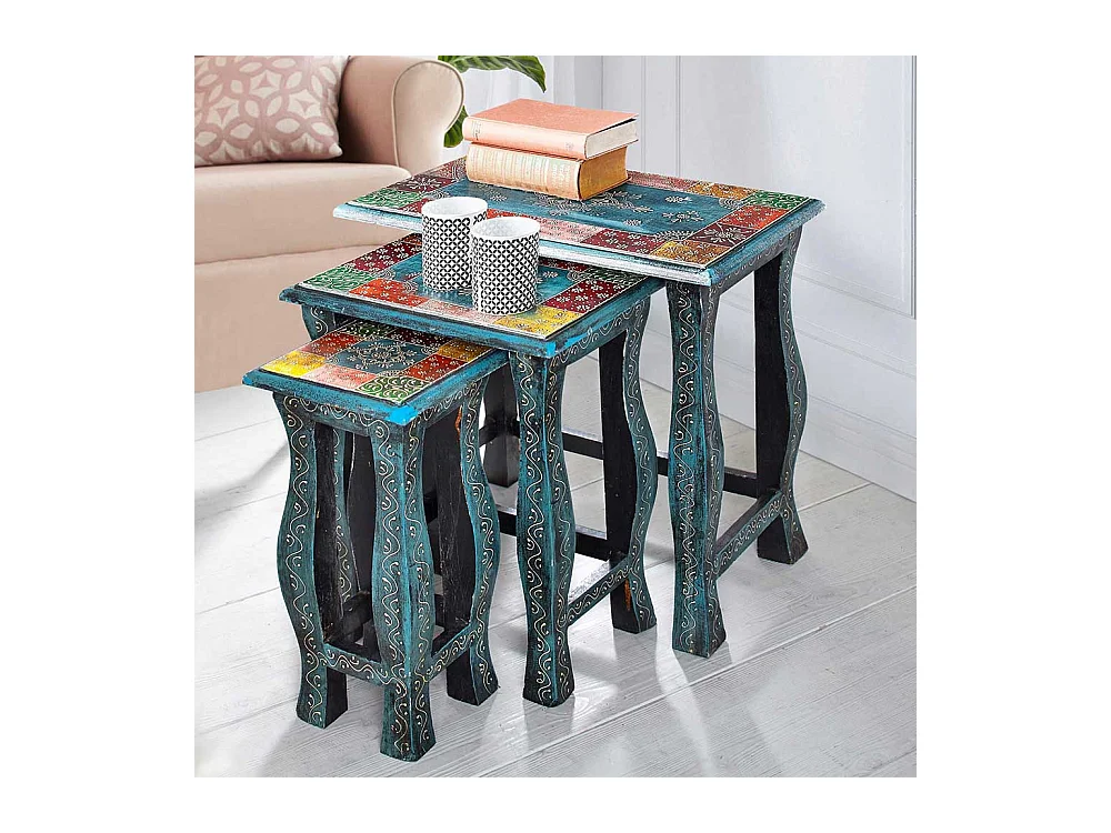 Beistelltisch Set in Blau und Bunt Shabby Chic Design (dreiteilig)