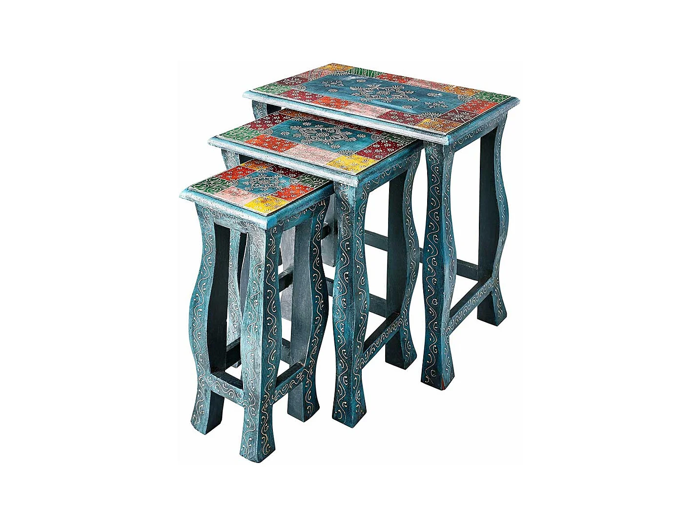 Beistelltisch Set in Blau und Bunt Shabby Chic Design (dreiteilig)