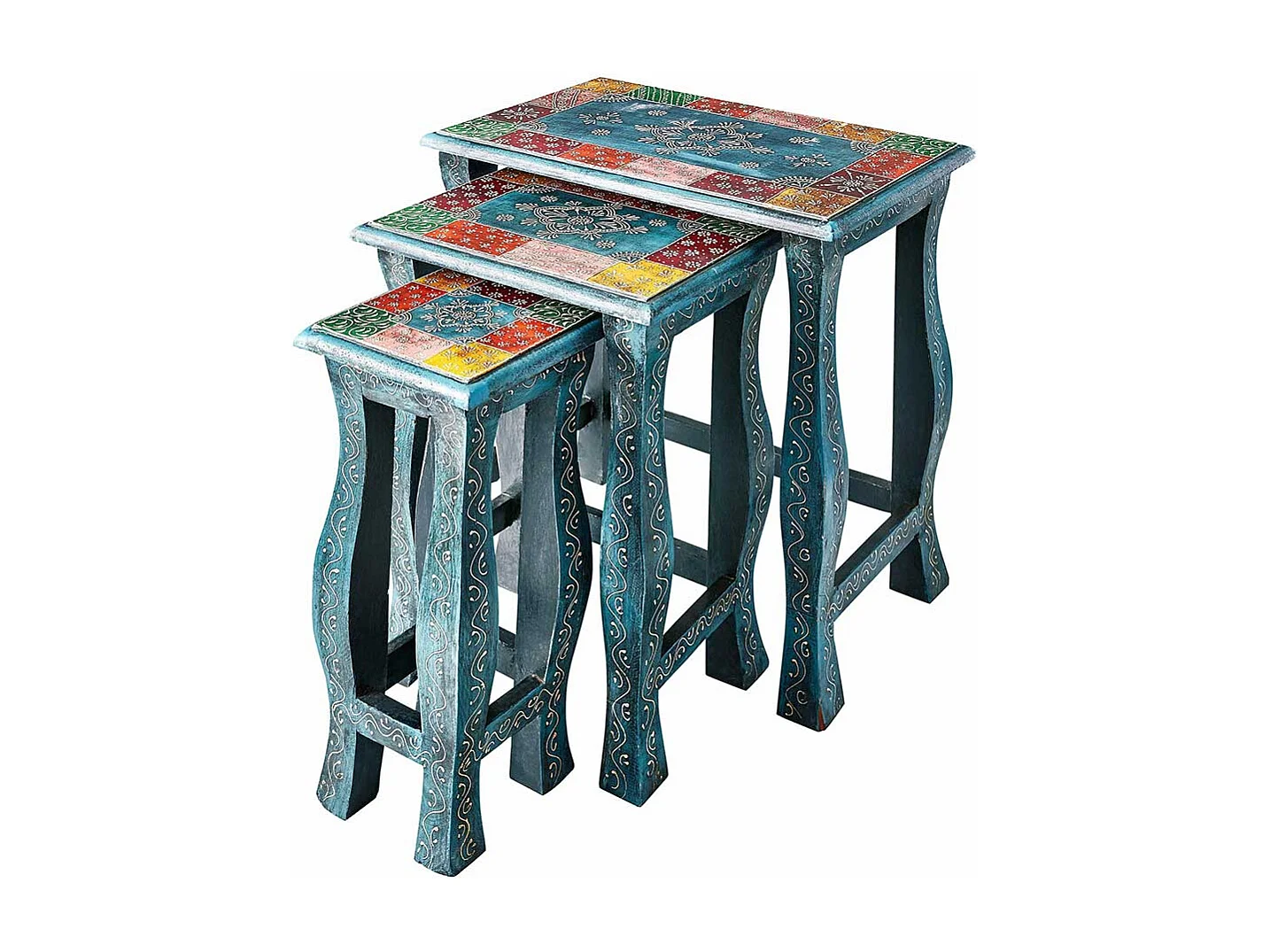 Beistelltisch Set in Blau und Bunt Shabby Chic Design (dreiteilig)