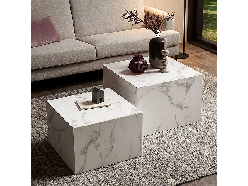Beistelltische Sofa in weißer Marmor Optik quadratischer Tischplatte (zweiteilig)