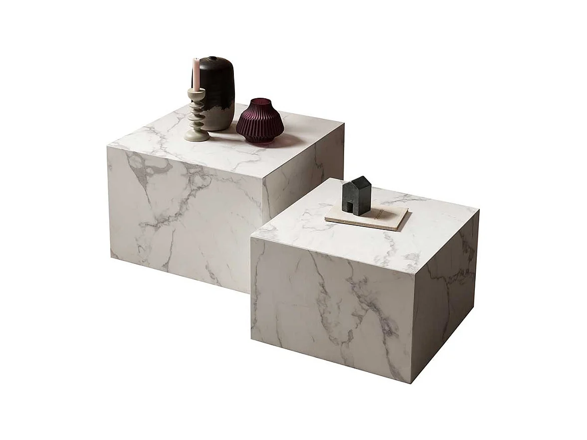 Beistelltische Sofa in weißer Marmor Optik quadratischer Tischplatte (zweiteilig)
