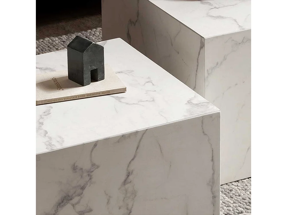 Beistelltische Sofa in weißer Marmor Optik quadratischer Tischplatte (zweiteilig)