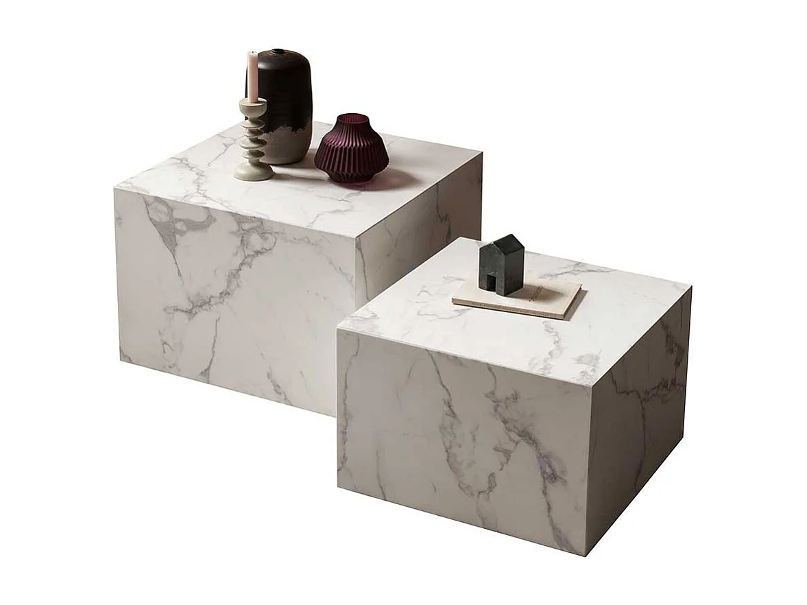 Beistelltische Sofa in weißer Marmor Optik quadratischer Tischplatte (zweiteilig)