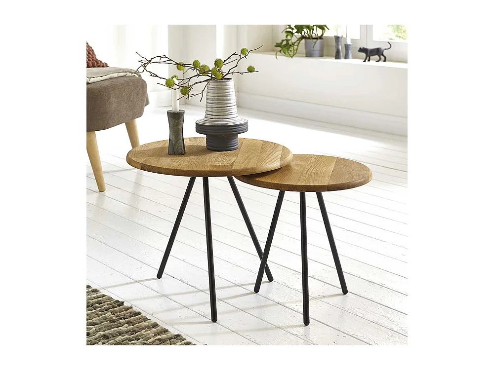 Moderne Beistelltische aus Eiche Massivholz und Stahl rund (zweiteilig)