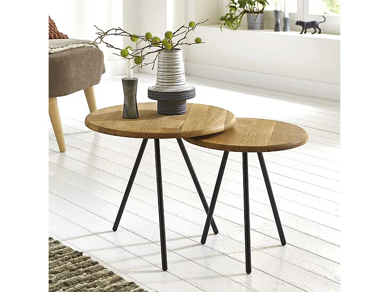 Moderne Beistelltische aus Eiche Massivholz und Stahl rund (zweiteilig)