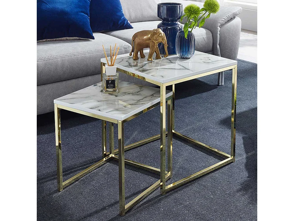 Beistelltisch Sofa Set in Weiß Marmor Optik Goldfarben (zweiteilig)
