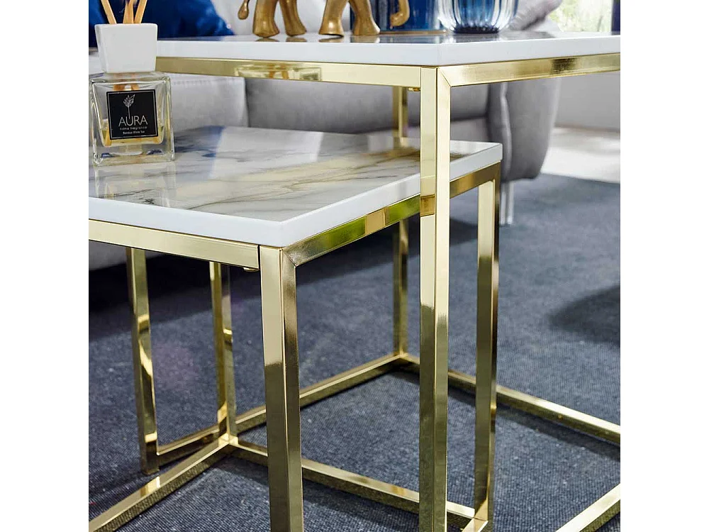 Beistelltisch Sofa Set in Weiß Marmor Optik Goldfarben (zweiteilig)