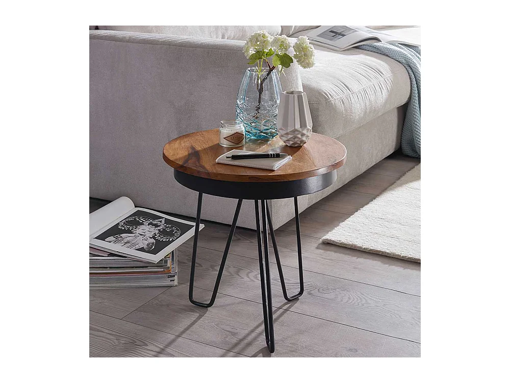 Couch Beistelltisch mit runder Massivholzplatte Eisen 3-Fußgestell