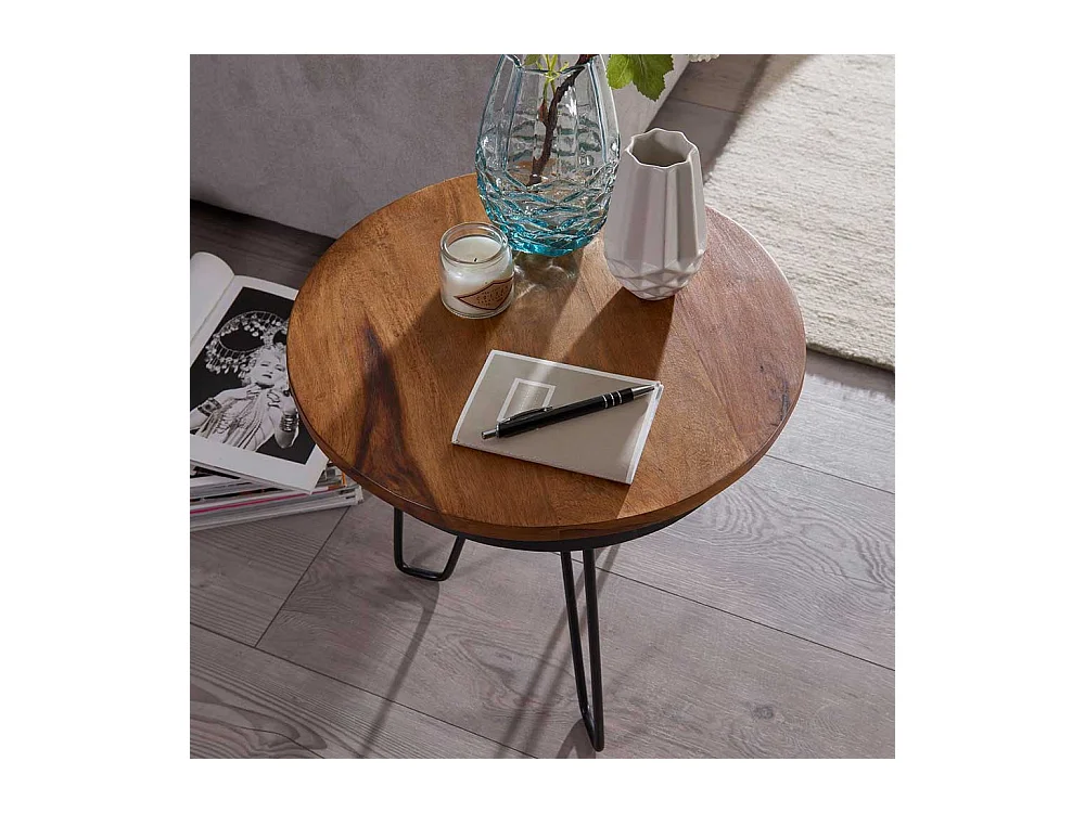 Couch Beistelltisch mit runder Massivholzplatte Eisen 3-Fußgestell