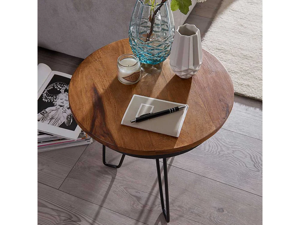 Couch Beistelltisch mit runder Massivholzplatte Eisen 3-Fußgestell