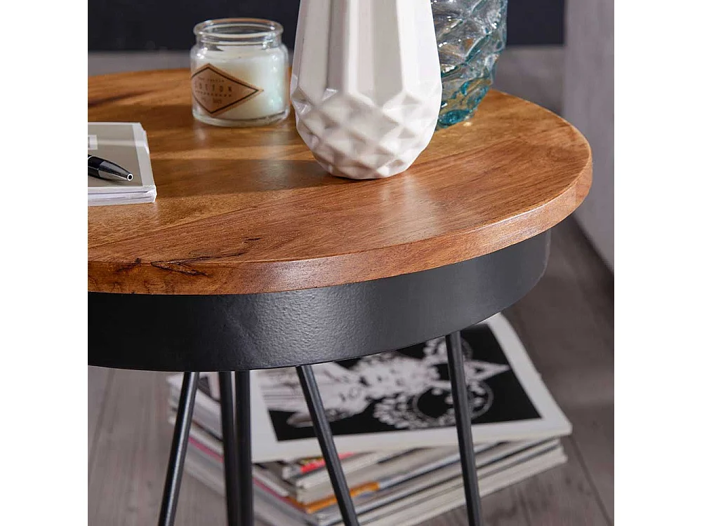Couch Beistelltisch mit runder Massivholzplatte Eisen 3-Fußgestell