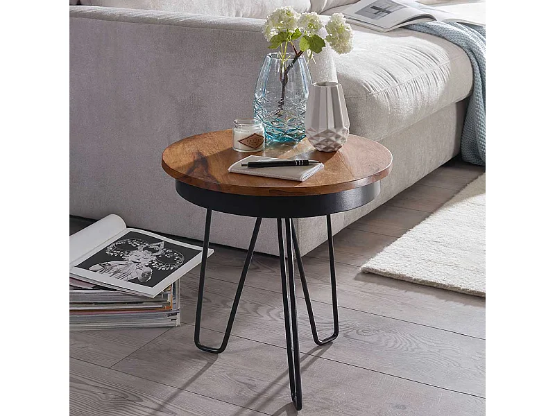 Couch Beistelltisch mit runder Massivholzplatte Eisen 3-Fußgestell
