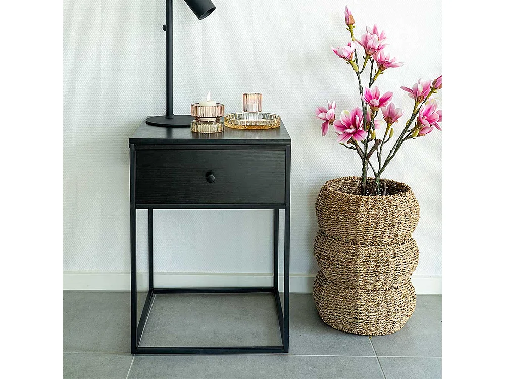 Beistelltisch mit Schublade in Schwarz Bügelgestell aus Metall