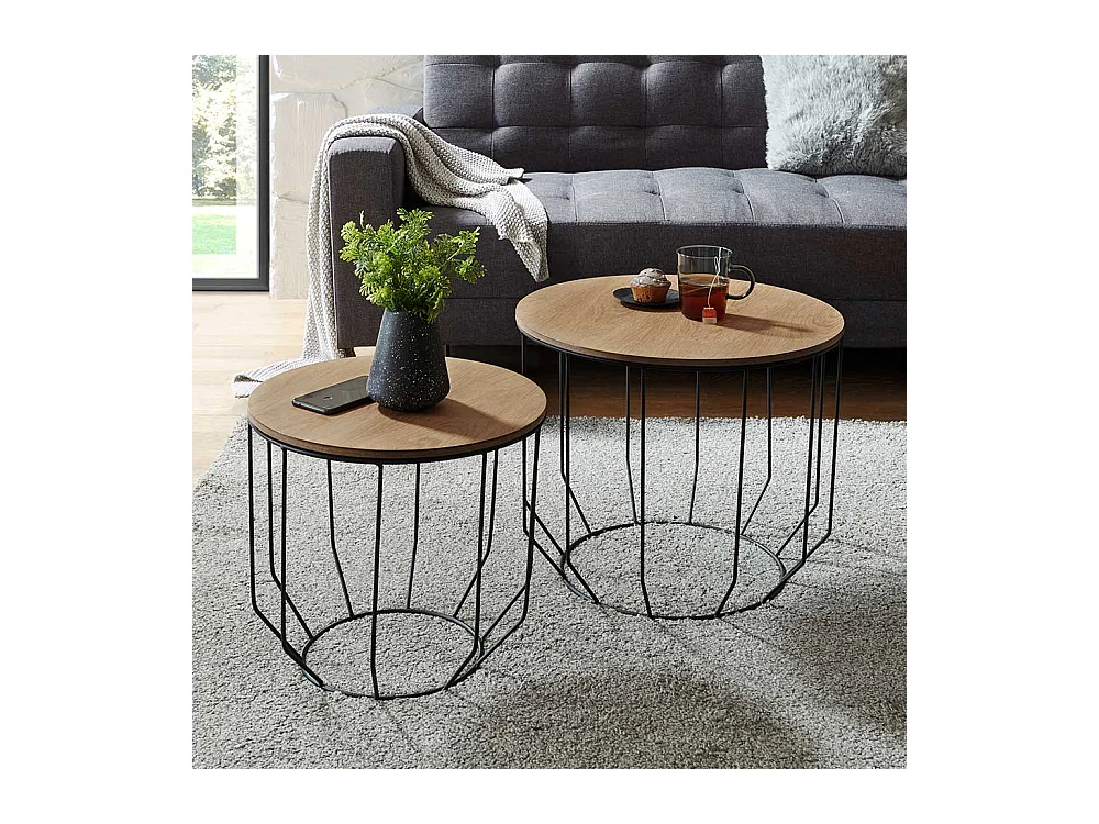 Sofa Beistelltisch Set in Eichefarben furniert und Schwarz rund (zweiteilig)