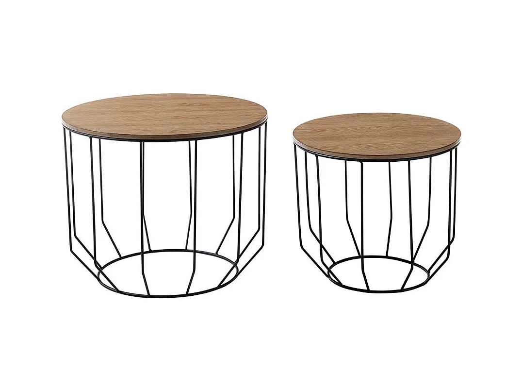 Sofa Beistelltisch Set in Eichefarben furniert und Schwarz rund (zweiteilig)