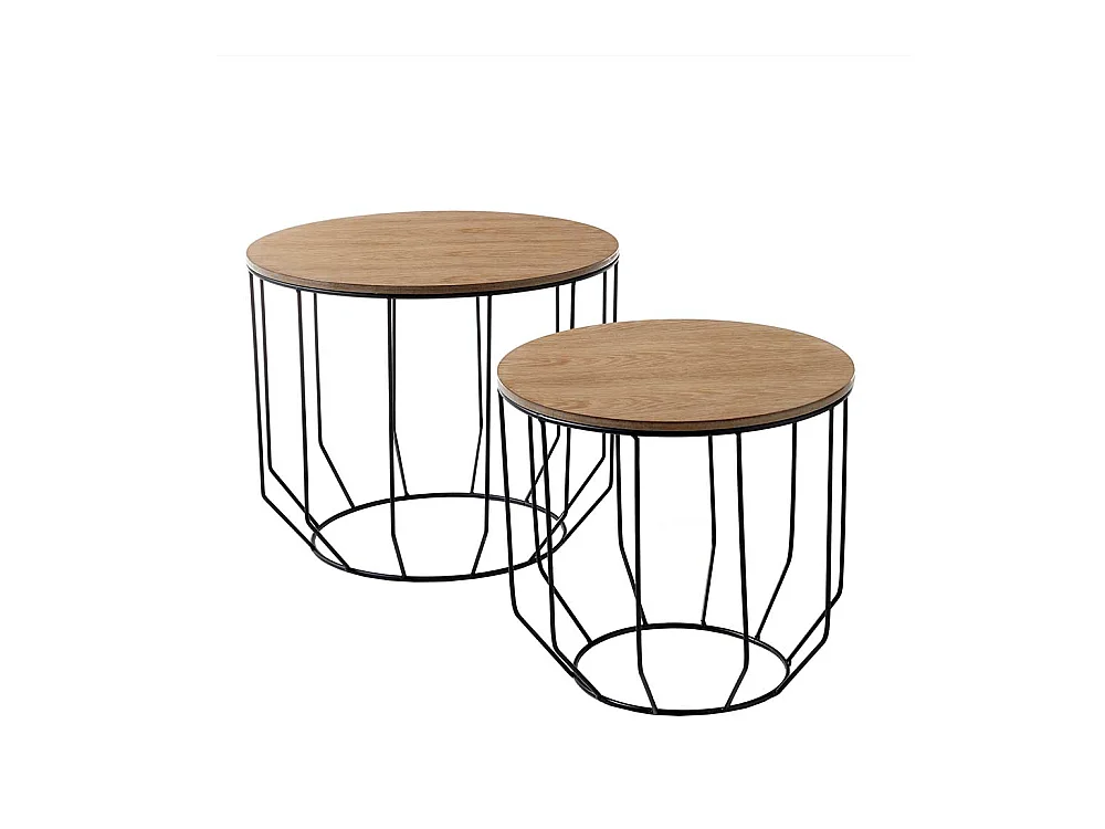 Sofa Beistelltisch Set in Eichefarben furniert und Schwarz rund (zweiteilig)