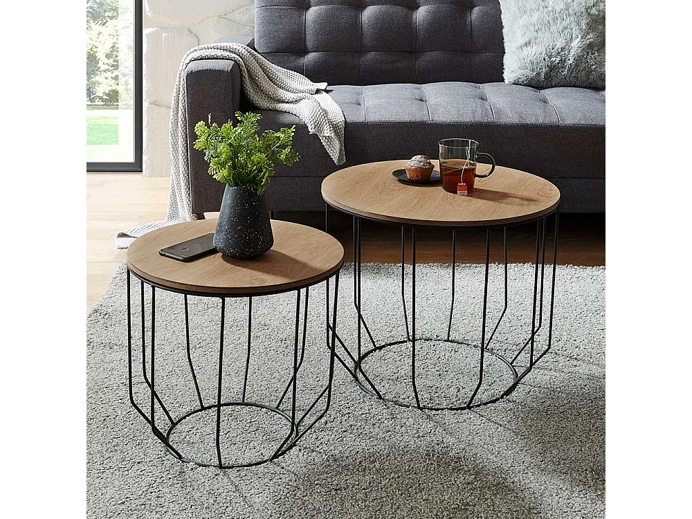 Sofa Beistelltisch Set in Eichefarben furniert und Schwarz rund (zweiteilig)