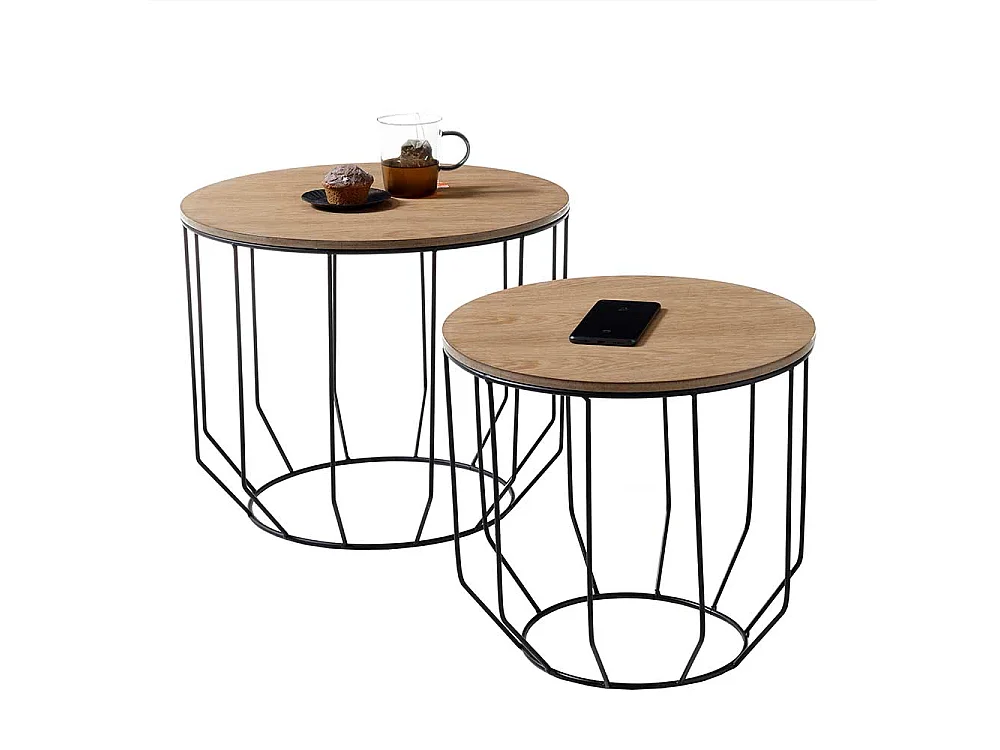 Sofa Beistelltisch Set in Eichefarben furniert und Schwarz rund (zweiteilig)