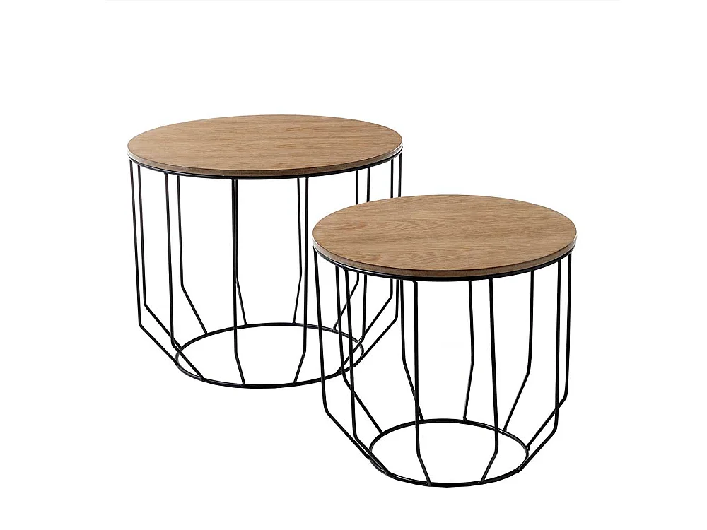 Sofa Beistelltisch Set in Eichefarben furniert und Schwarz rund (zweiteilig)