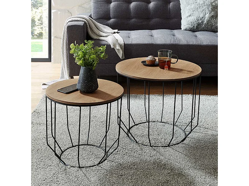 Sofa Beistelltisch Set in Eichefarben furniert und Schwarz rund (zweiteilig)