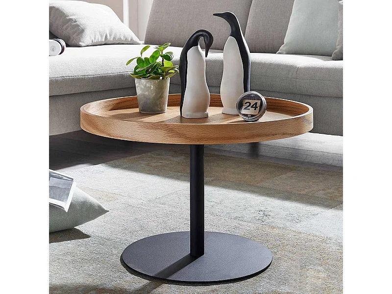 Runder Beistelltisch in Eichefarben und Schwarz Skandi Design