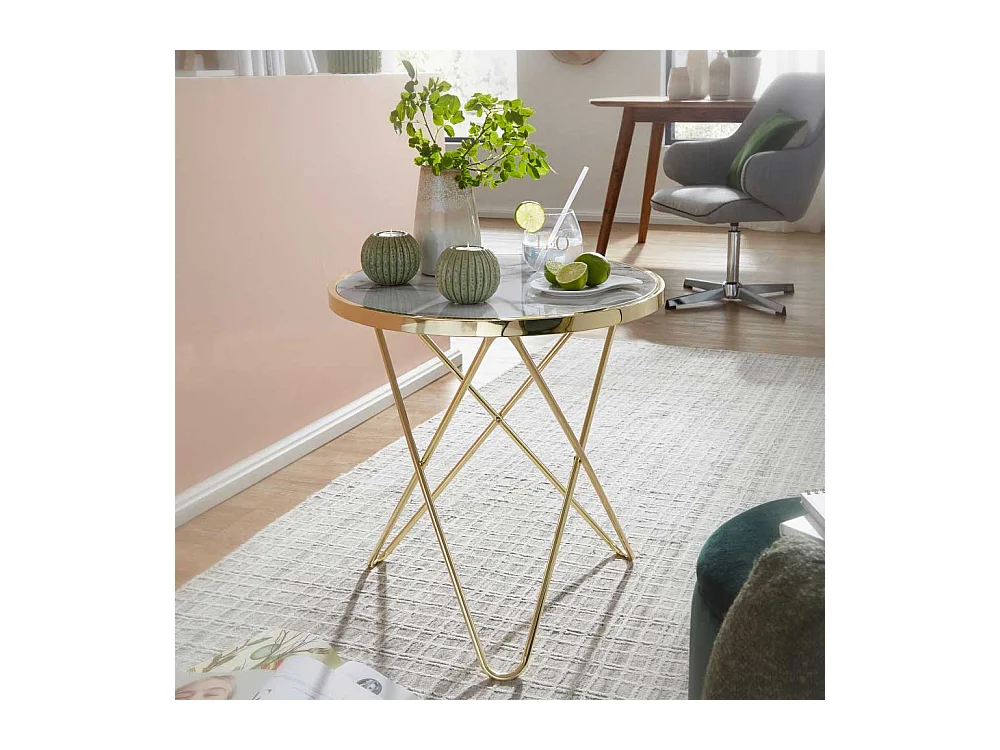 Couch Beistelltisch in Goldfarben und Marmor Optik rund